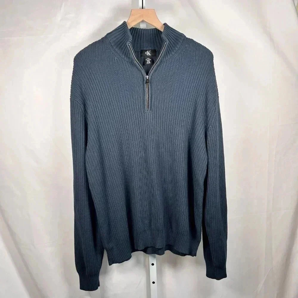 Calvin Klein 1/4 Zip Sweater Size XXL Men Blue Gray Cotton Outdoors Casual